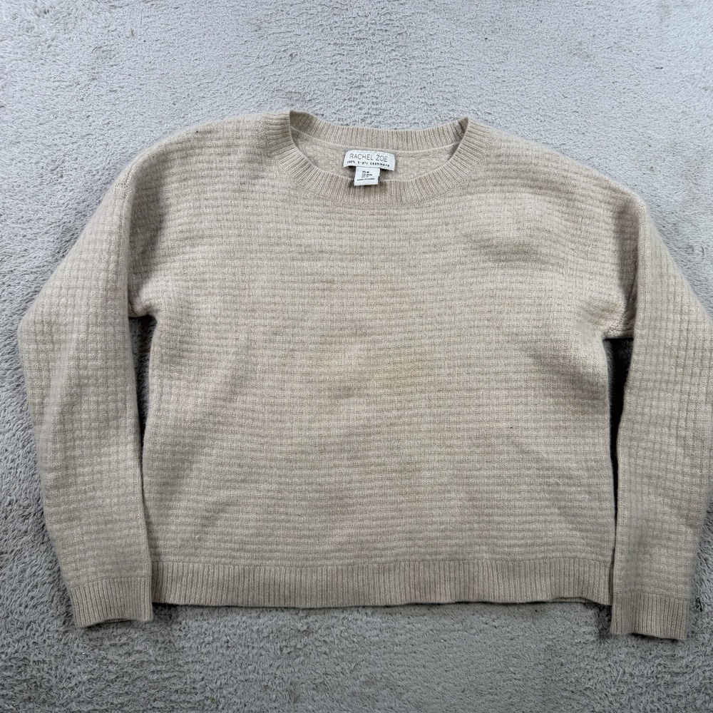 Rachel Zoe Sweater Womens Medium Beige 100% Cashmere Crewneck Waffle Knit 2 Ply